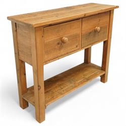 Rustic oak console table, rectangular top over two drawers with turned wooden knobs, lower...