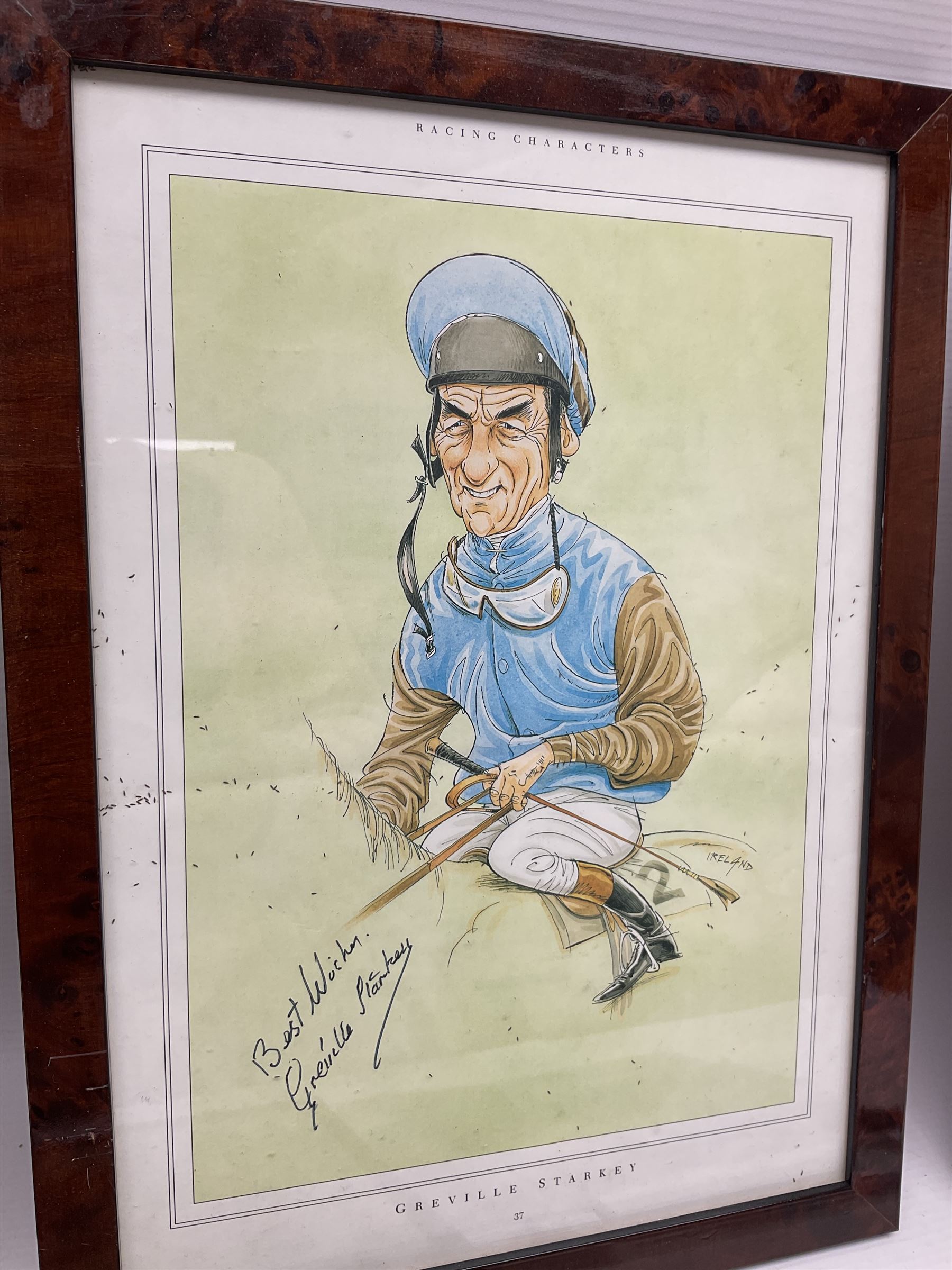 Enamel Horse racing members badges, together with three framed signed racing characters jockey prints, including Steve Smith Eccles, Willie Shoemaker and Greville Starkey, and one other print