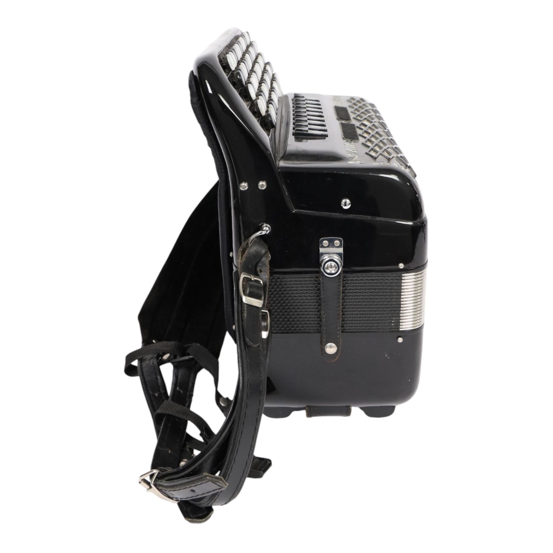 Borsini Professional 5-Row Chromatic button accordion, with 92 white pearlescent chromatic buttons and 136 bass buttons, possibly a custom model, in black high gloss case, with carry strap and original hard carrycase