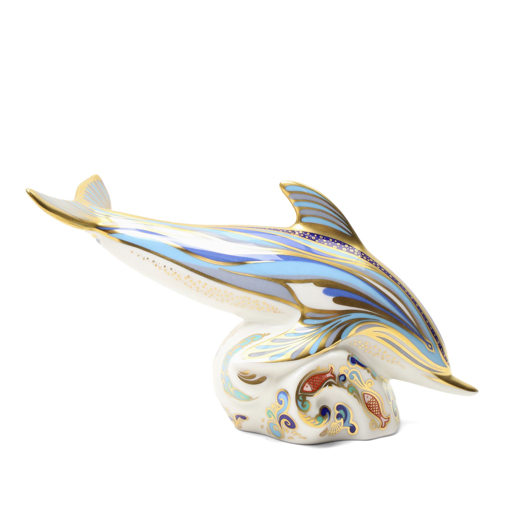 Moorcroft 'Wind of Change' pattern vase H13cm, boxed, Royal Crown Derby 'Striped Dolphin' limited edition paperweight 1166/1500, boxed and with certificate and another Dolphin paperweight, boxed and both with gold stoppers (3)  