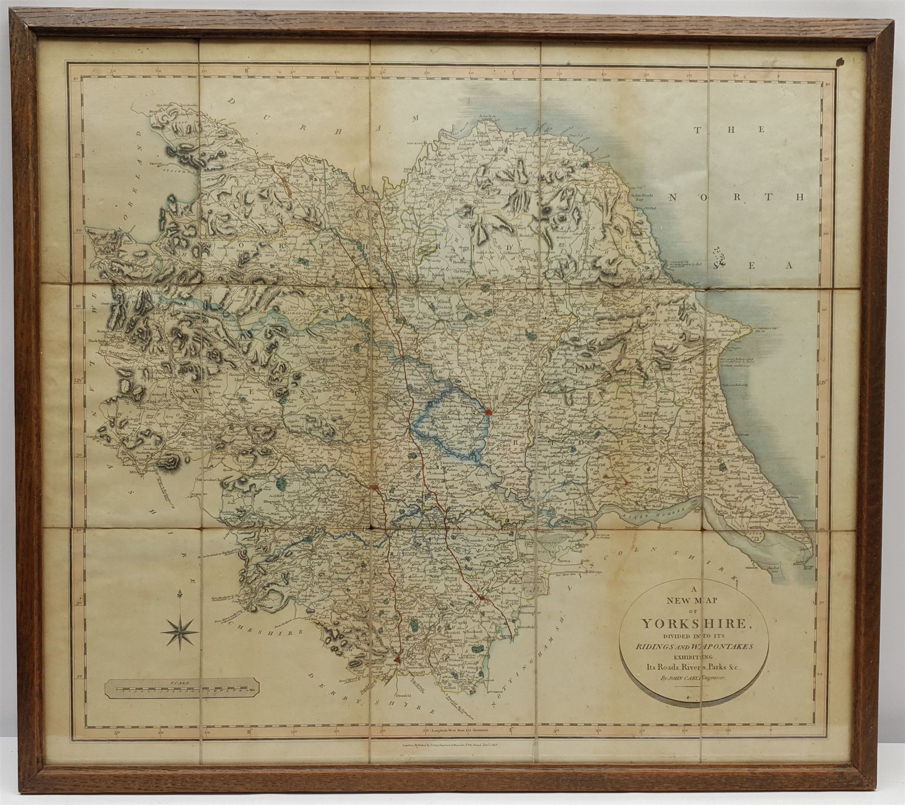 John Cary (British 1754-1835): 'A New Map of Yorkshire Divided into its Ridings and Wapontakes', hand-coloured engraved map formed as 15 sheets mounted onto linen 51cm x 58cm overall