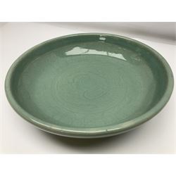 Agnete Hoy (1914-2000): Bullers studio pottery celadon glazed bowl, the interior with incised decoration depicting a Mermaid, D28.5cm