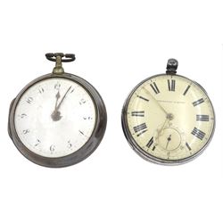 George III silver pair cased verge fusee pocket watch by W E Carter, Ripon, No. 2018, white enamel dial with Arabic numerals, pierced and engraved balance cock decorated with a mask, case by Thomas Gibbard, London 1802 and one other silver lever pocket watch, case by Robert John Pike, London 1874
