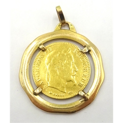  1866 gold ten franc coin, loose mounted in 9ct gold pendant, approx 7.4gm gross  