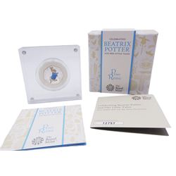 Three The Royal Mint United Kingdom Beatrix Potter silver proof fifty pence coins, 'Benjamin Bunny', 'Mrs Tittlemouse' and 'Peter Rabbit' all cased with certificates