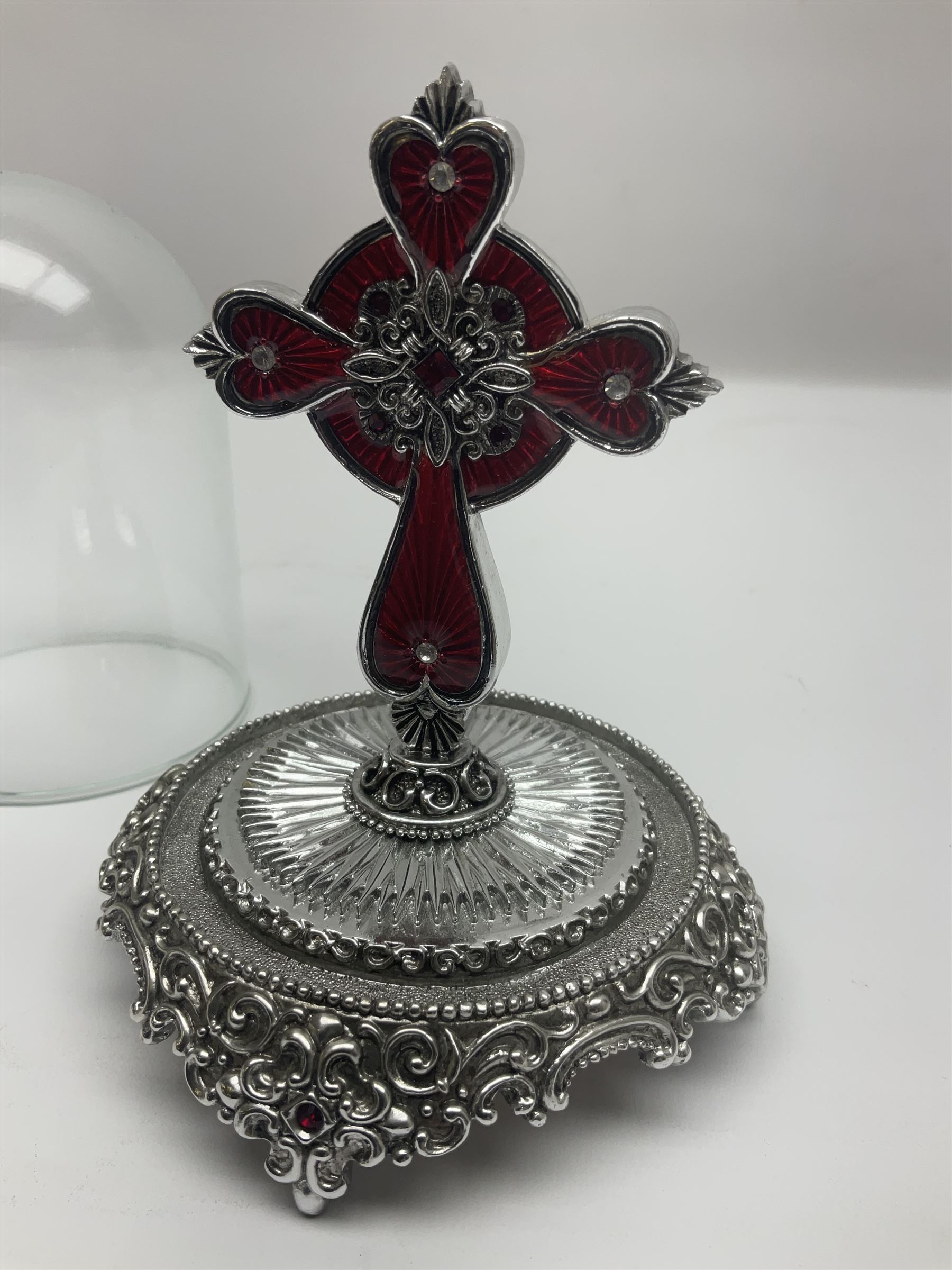 Four limited edition Franklin Mint House of Fratelli Coppini crosses, to include Majestic Cross, Sacred Cross, Star of Hope Jewelled Cross and The Gates to Paradise Cross, all under glass domes, H13cm