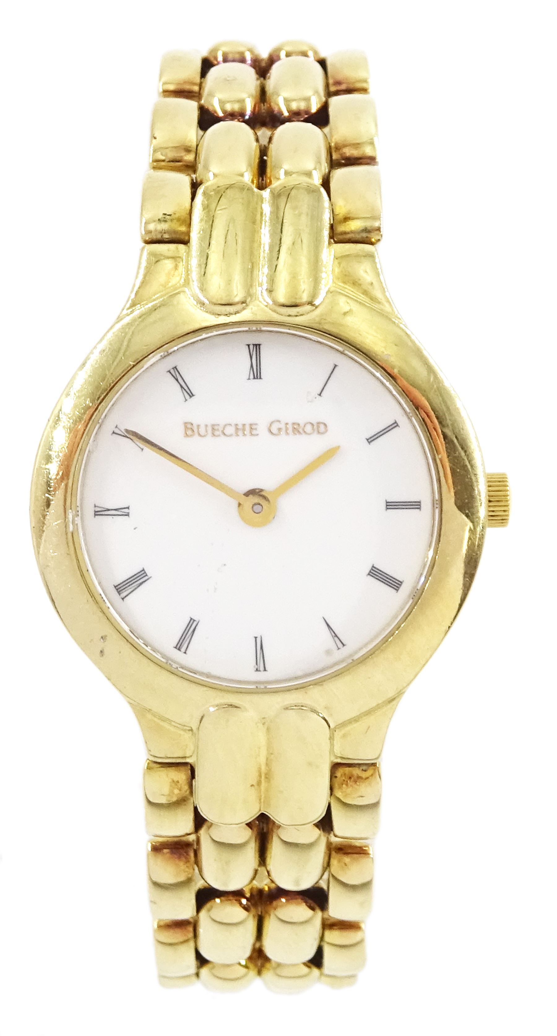 Bueche Girod ladies 9ct gold quartz wristwatch, with integral 9ct gold bracelet, London import mark 1993