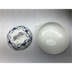 Victorian Empire blue and white transfer printed slop bucket with lid, H28cm excl handle, wash jug and bowl set with toothbrush holder, soap dish and drainer etc