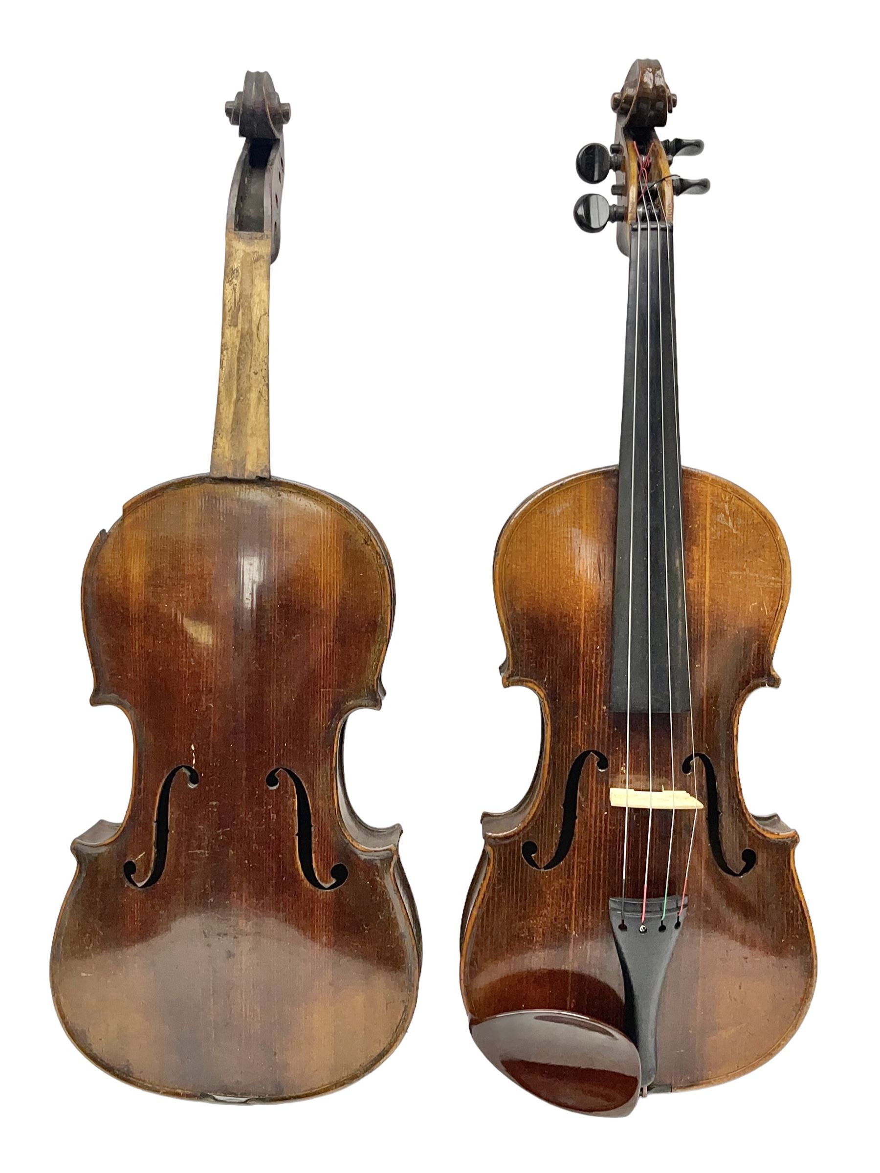German trade violin c1900 stamped PAGANINI with 35.5cm two-piece maple back and ribs and spruce top L58.5cm overall; in carrying case; and another German trade violin for spares or repair; in carrying case (2)