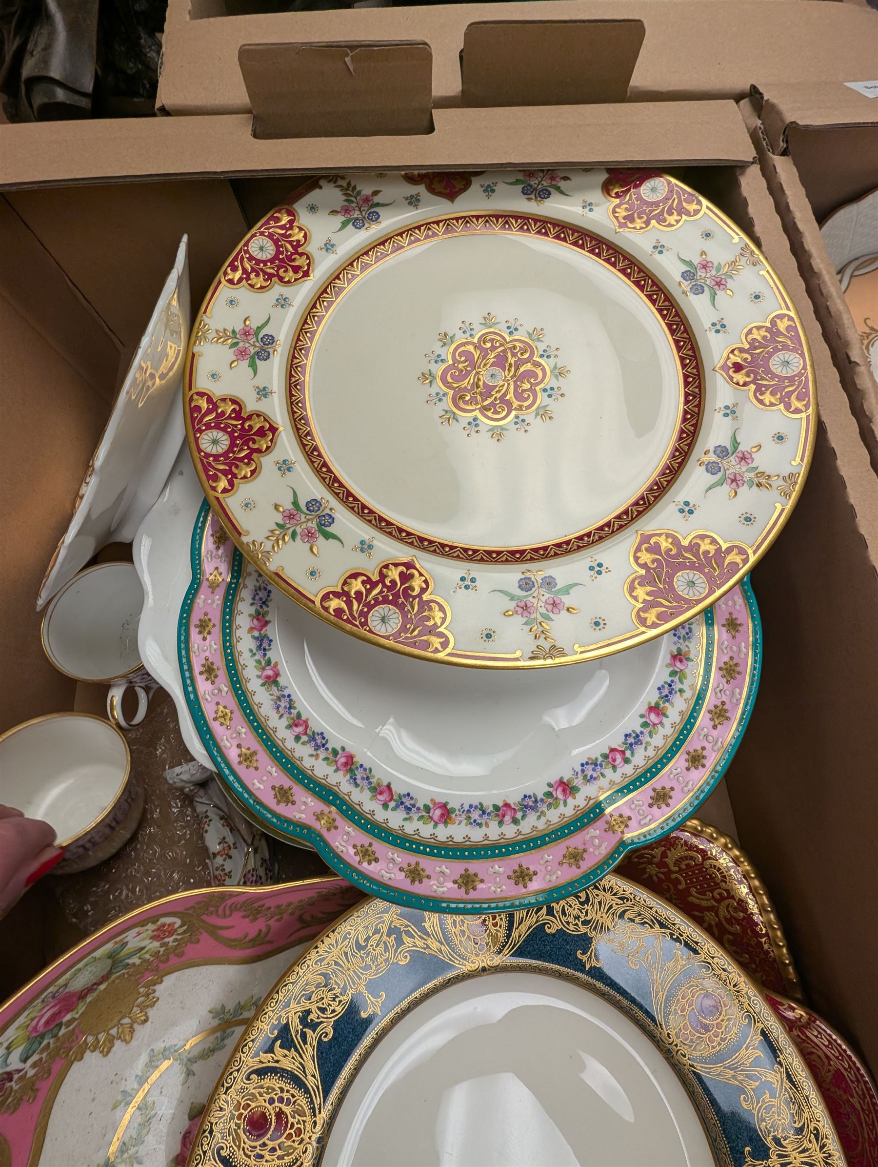 19th century and later ceramics, including cabinet plates, together with Continental vases, Copeland cups and other ceramics, in three boxes