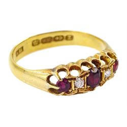 Victorian 22ct gold five stone ruby and diamond ring, Birmingham 1899