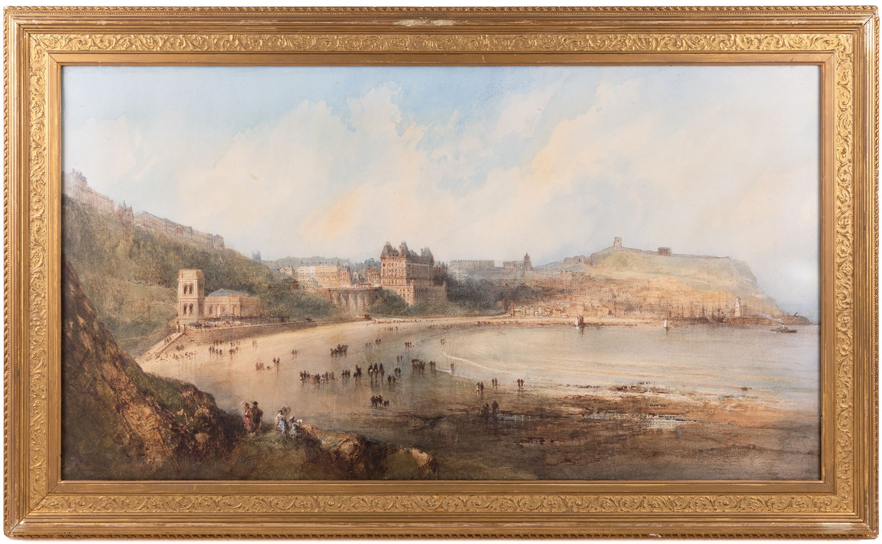 Paul Marny (French/British 1829-1914): Expansive View of Scarborough South Bay, watercolour signed 49cm x 90cm 
Provenance: from the collection of Mary McGill, the late wife of Tom Laughton CBE (1903-1984). Laughton was a Scarborough hotelier and avid art collector; the Laughton bequest forms an important part of the collection of Scarborough Art Gallery, and the present picture appears to be another version of the painting by Marny in the Laughton Bequest.