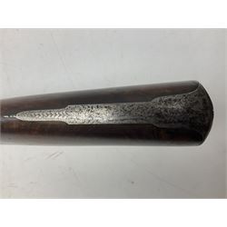 19th century John Jefferson of Scarborough 6-bore (modern 4-bore) double barrel side-by-side percussion gun, with 81cm stub twist damascus barrels (no provision for ramrod), well figured walnut stock with fine chequered grip and fore-end with horn tip and steel butt plate with long tang, well engraved lock and hammers with half-cock safeties on both sides, barrel sling swivel but rear sling swivel removed and replaced with silver escutcheon, London proofmarks, NVN, L128cm