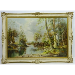  'Woodland River Scene', oil on canvas signed by Joseph Karlsbader (German 1921-) 60cm x 90cm  