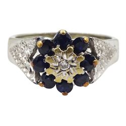 9ct white gold sapphire and diamond cluster ring with textured shoulders, London 1976