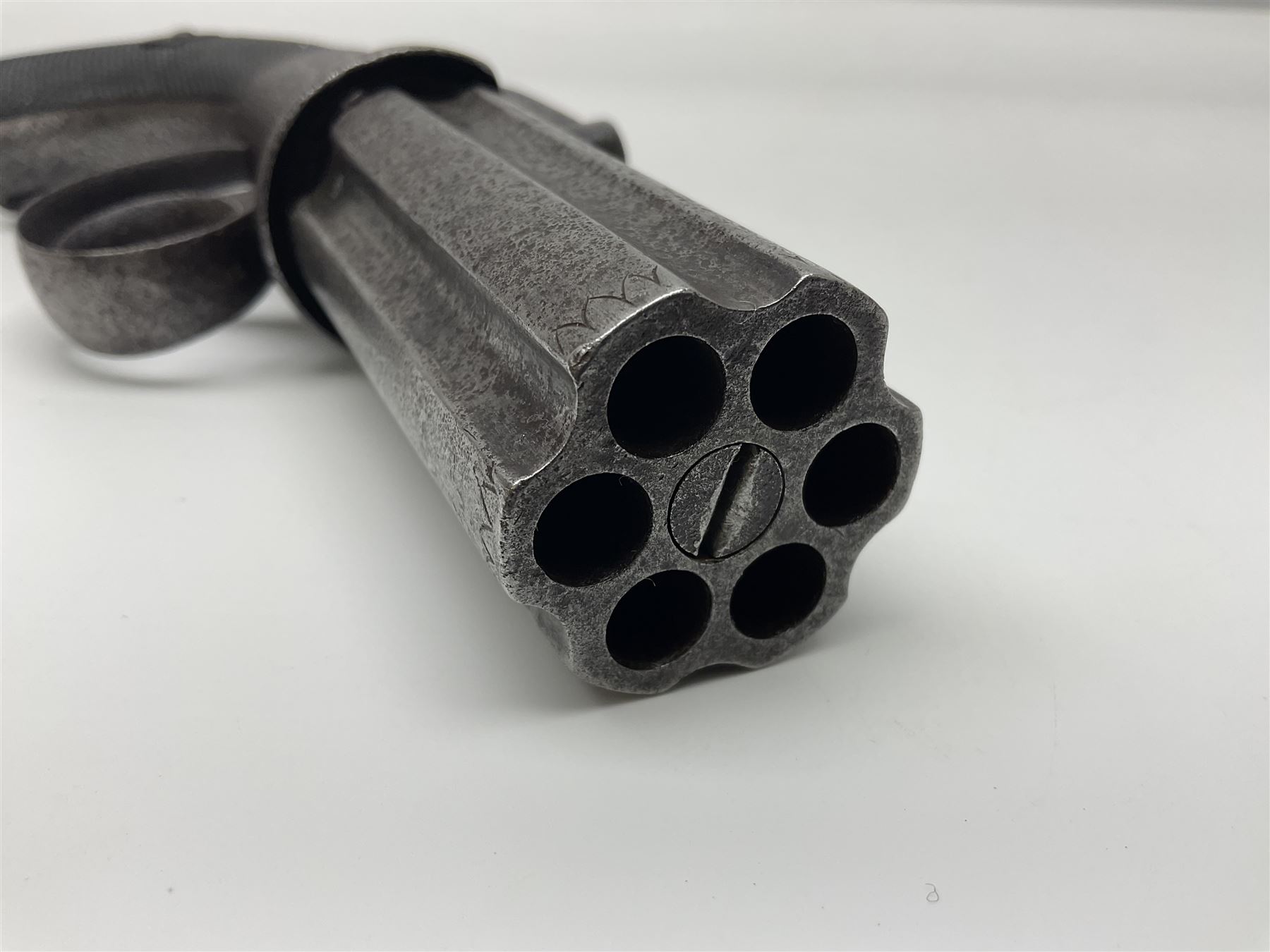 19th century percussion six-shot pepperbox revolver, approximately 32 calibre with 7.5cm barrels, L21cm overall