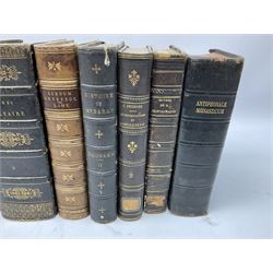 Eighteen 19th century leather bound books including Oeuvres Completes De Voltaire. 1827 Paris. Two volumes; Oeuvres De Pierre Corneille. 1892 Paris; Commentarium in Librum Geneseos Scripsit Thomas Josephus Lamy. 1883 Mechliniae; etc (18)