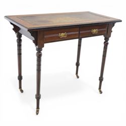 Edwardian mahogany writing table, tooled leather top over two frieze drawers, on turned su...