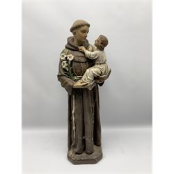Religious sculpture, to include bust of a mother and baby, with impressed 'depose' beneath, Spelter bust of joan of arc on marble plinth, signed Rullony, painted plaster  figure of St. Anthony of Padua, and three others, largest figure H65cm. 