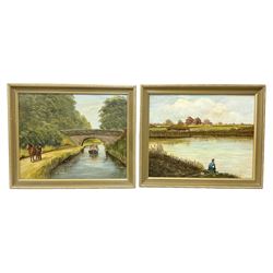 J H Robinson (British 20th century): Canal and Lake Landscape, pair oils on board, signed and dated 1982 (2)