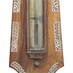 Three wheel barometers, a mother of pearl inlaid mahogany case, swan neck pediment, thermometer and circular dial, H 92cm, the second Sheraton Revival style with floral inlay, swan neck pediment, thermometer and circular dial, H 102cm, the third Sheraton Revival style, H 95cm (3)