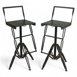 Pair of 20th century brutalist industrial metal swivel bar stools, sheet seats with strap ...