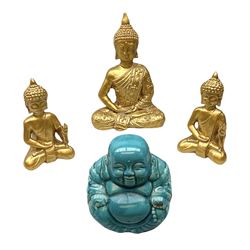 Pair of gilt seated buddhas together with two other seated buddhas, tallest example, H34cm