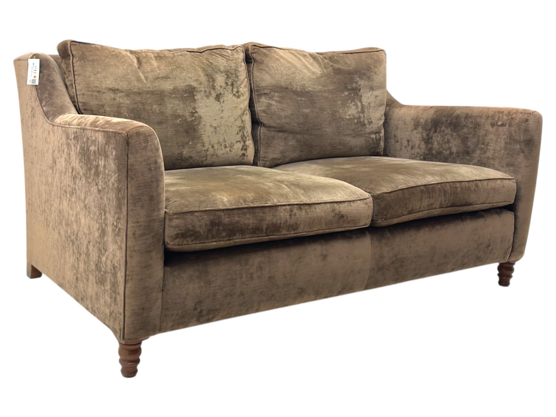 Duresta - three piece 'Finsbury' lounge suite comprising one three-seat sofa, a two-seat sofa and armchair, upholstered in mink coloured velvet, with box seat cushions and deep seat over tapered arms on short stained bun feet (Three seat H 80cm, W 207cm, D105cm, two seat H80cm, W168cm, D105cm, armchair H80cm, W89cm, D105cm)    