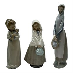 Four Lladro figures, including Market Day no 4502, Girl with Milk Pail no 4682 etc, together with five Nao figures and one other 