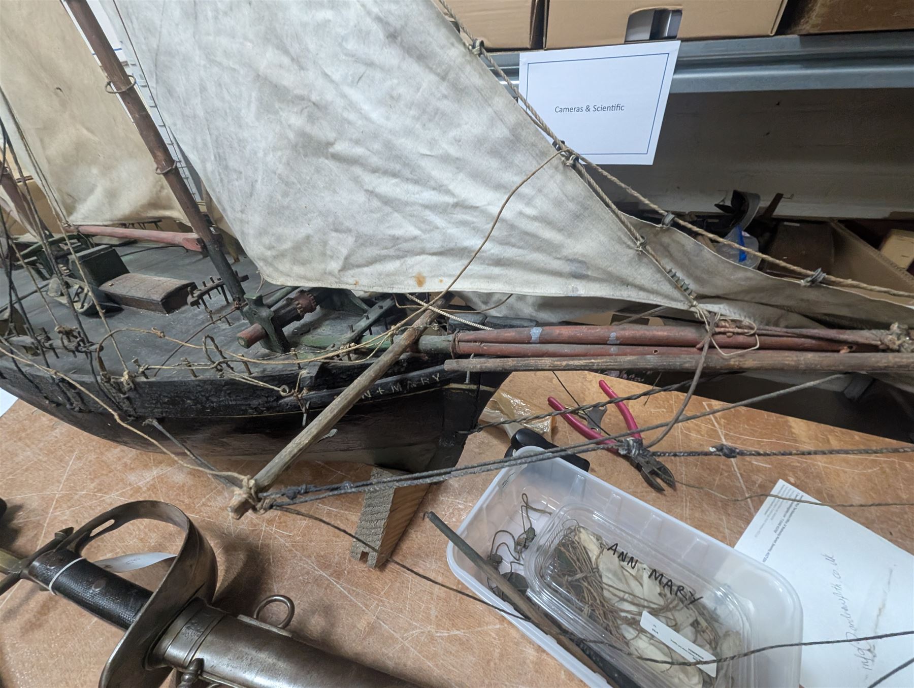 Late Victorian scratch built model of 18th century ship in full sail with the name Ann & Mary painted to the hull, upon a wooden stand, H128cm