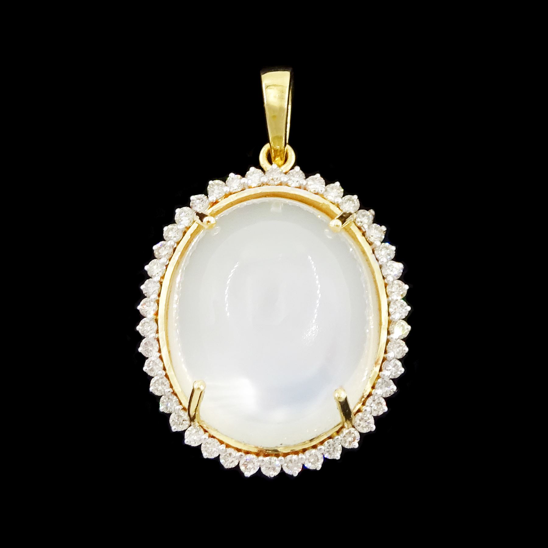 18ct gold moonstone and diamond pendant, single cabochon moonstone of approx 26.25 carat, surrounded by round brilliant cut diamonds, stamped, total diamond weight approx 0.60 carat