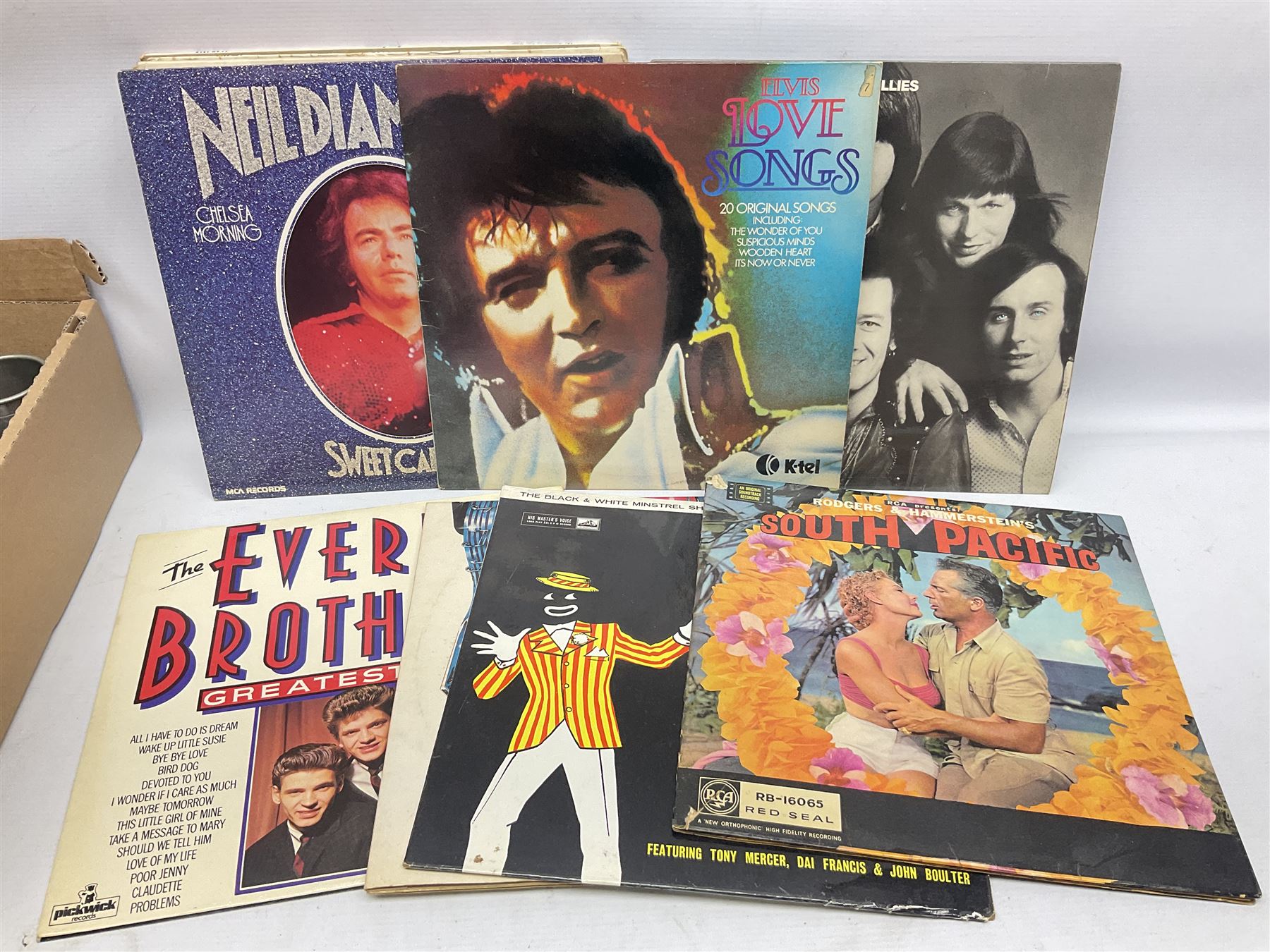 Mid 20th century cigarette box in the form of a gondola, the faux tortoiseshell with mother of pearl inlay (a/f), cased mantel clock with silvered numerical dial, oak lidded tea jar caddy, oak box, silver-plate cutlery, quantity of records, Smith's empire miniature clock, stamps etc