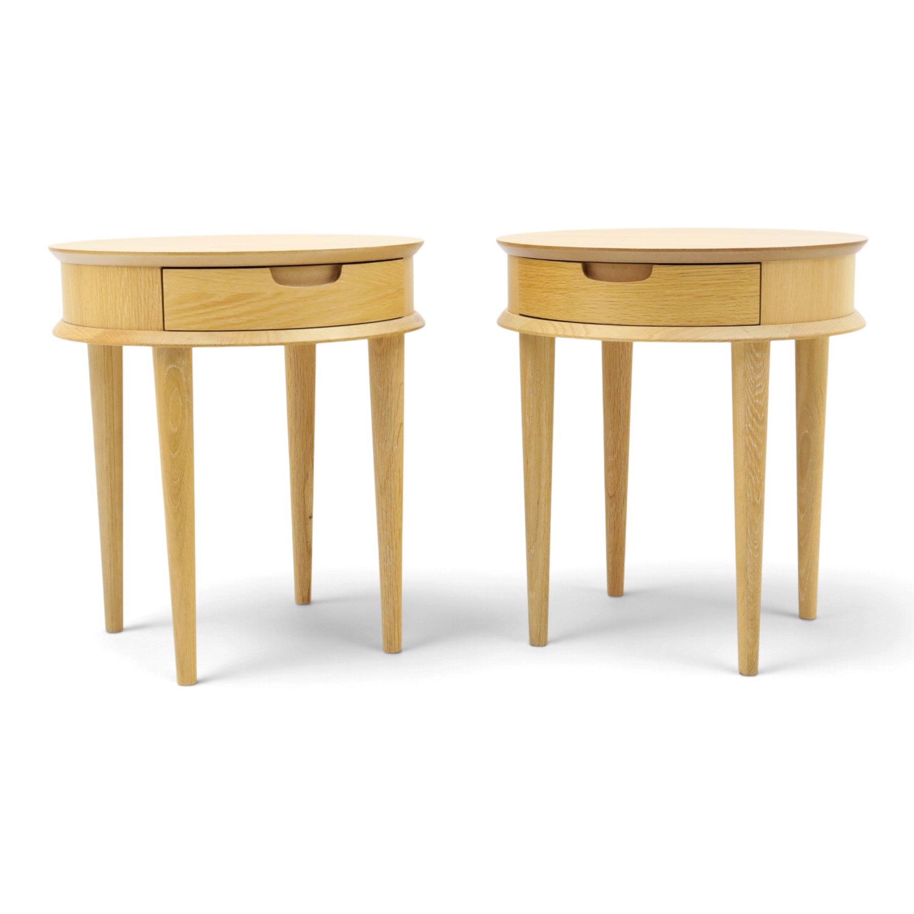 Bentley Designs - Pair of 'Dansk' light oak circular bedside or lamp tables, one drawer with recessed handle, tapering circular supports