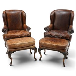 Pair of quality Queen Anne design mahogany framed wingback armchairs with matching footsto...
