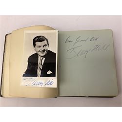 2 autograph albums, containing signatures including Harry Corbett Sooty, Dave Morris, Marion Saunders, Max Bygraves and signed photographs, quantity of postcards depicting the Lords Prayer and playing cards in case