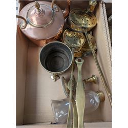 Copper kettle, together with brass jardiner, coal scoop and other metalware 