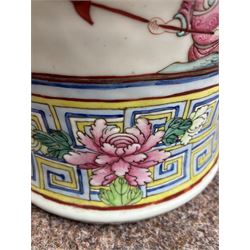 Large pair of 19th century Cantonese famille rose vases, each painted with various courtly scenes, including a display of warriors fighting on horseback before an official and his attendants, double Buddhist lion handles and applied at the shoulders with chilong, the lower band painted with Greek key motif, H58cm (2)