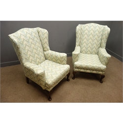  Pair 20th century beech framed wingback armchairs, upholstered in patterned fabric, cabriole supports, W74cm  