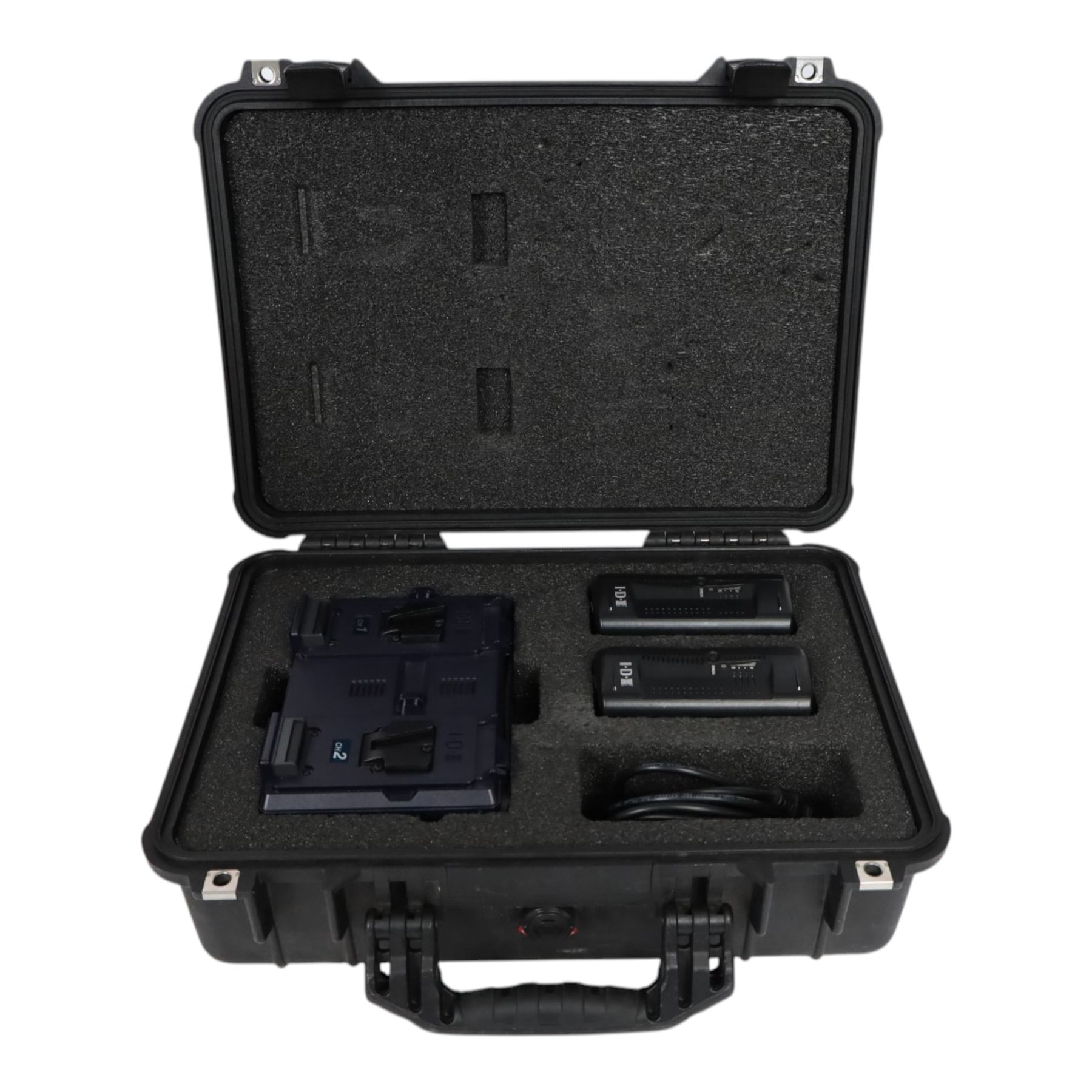 IDX Endura HL10DS 96Wh V Mount two battery set with IDX VL-2S Simultaneous V Mount charger and cable, in a custom cut Peli 1500 flight case