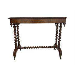 Victorian rosewood stretcher table, rectangular top on spiral turned supports, arched platform feet on brass cups and castors