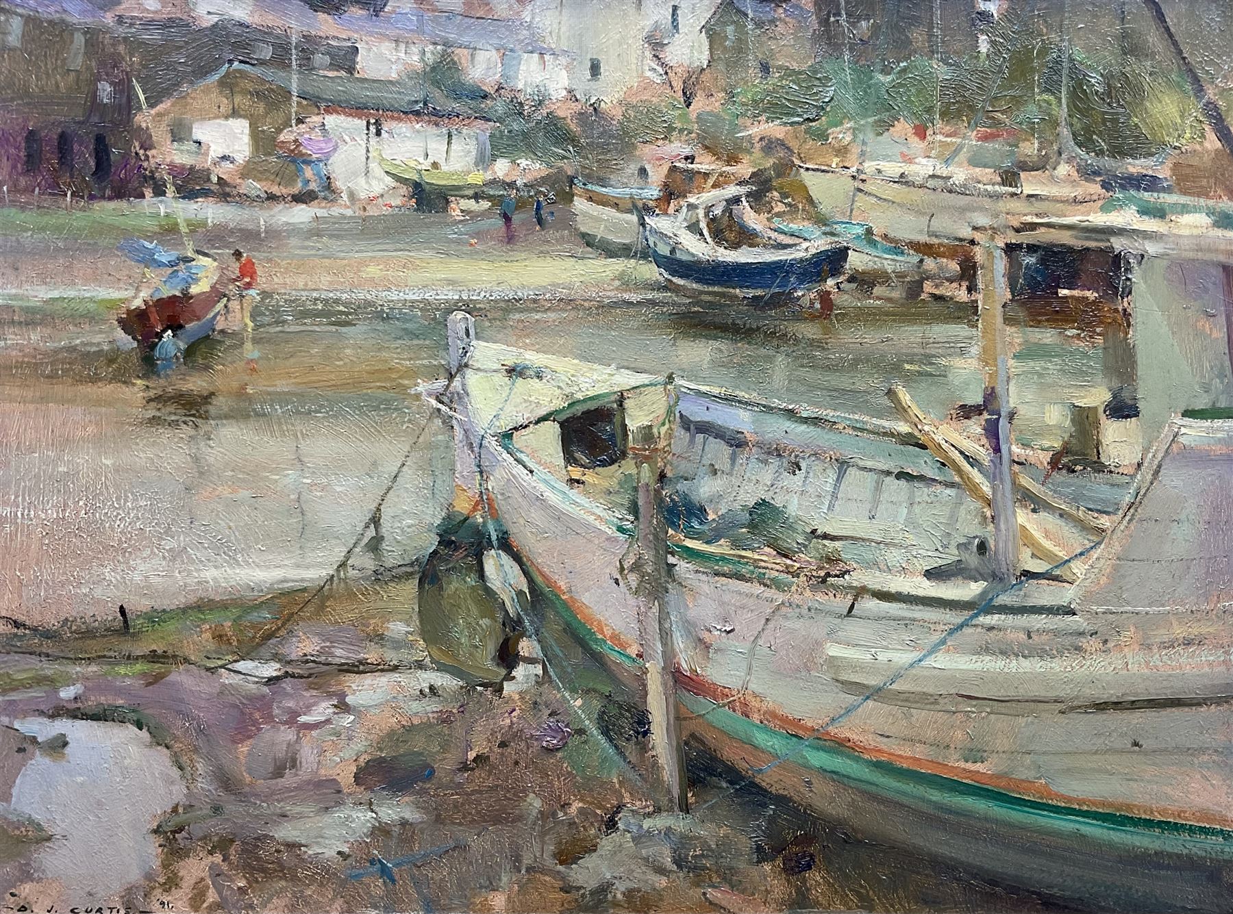 David Jan Curtis (British 1948-): 'Harbour Study - Abersoch' Wales, oil on board signed and dated '91, titled verso with personal dedication from the artist to Shirley Rigg, wife of Jack Rigg 29cm x 39cm 
Provenance: from the collection of the artist Jack Rigg (1927-2023)