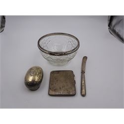 1930s silver cigarette case, with engine turned decoration and engraved initials to one corner, hallmarked Frederick Field, Birmingham 1931, together with a glass bowl with silver rim and a silver handled knife, with EPNS blade