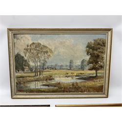 Hector Fraser (British 20th century): 'River Meadow', oil on board signed and dated 1973 together with two similar oils by different hands max 40cm x 60cm (3)