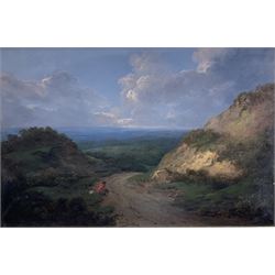 Attrib. Julius Caesar Ibbetson (British 1759-1817): Upland Track Overlooking the Vale, oil on panel unsigned 26cm x 39cm