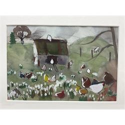 Delphine de Castellane (French 1962-): Sheep and Hens, three watercolours signed with initials, dated 2006 and numbered S8 S39 and RB3  verso 22cm x 24cm diminishing (3)
Notes: Delphine born in Uccle and grew up in Brussels and Provence. Her father, a descendant of the Toulouse-Lautrec family, painted, and Delphine often drew as a child, later going to art school in Brussels. She married and moved to Scotland in 1995, most of her work is painted directly en plein air or from her car