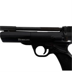 Webley Hurricane .177 air pistol, the chamber marked 'Hurricane' and 'Webley & Scott Ltd. Birmingham England' beneath, with front hooded sight and black checkered grip, H14cm, L28cm