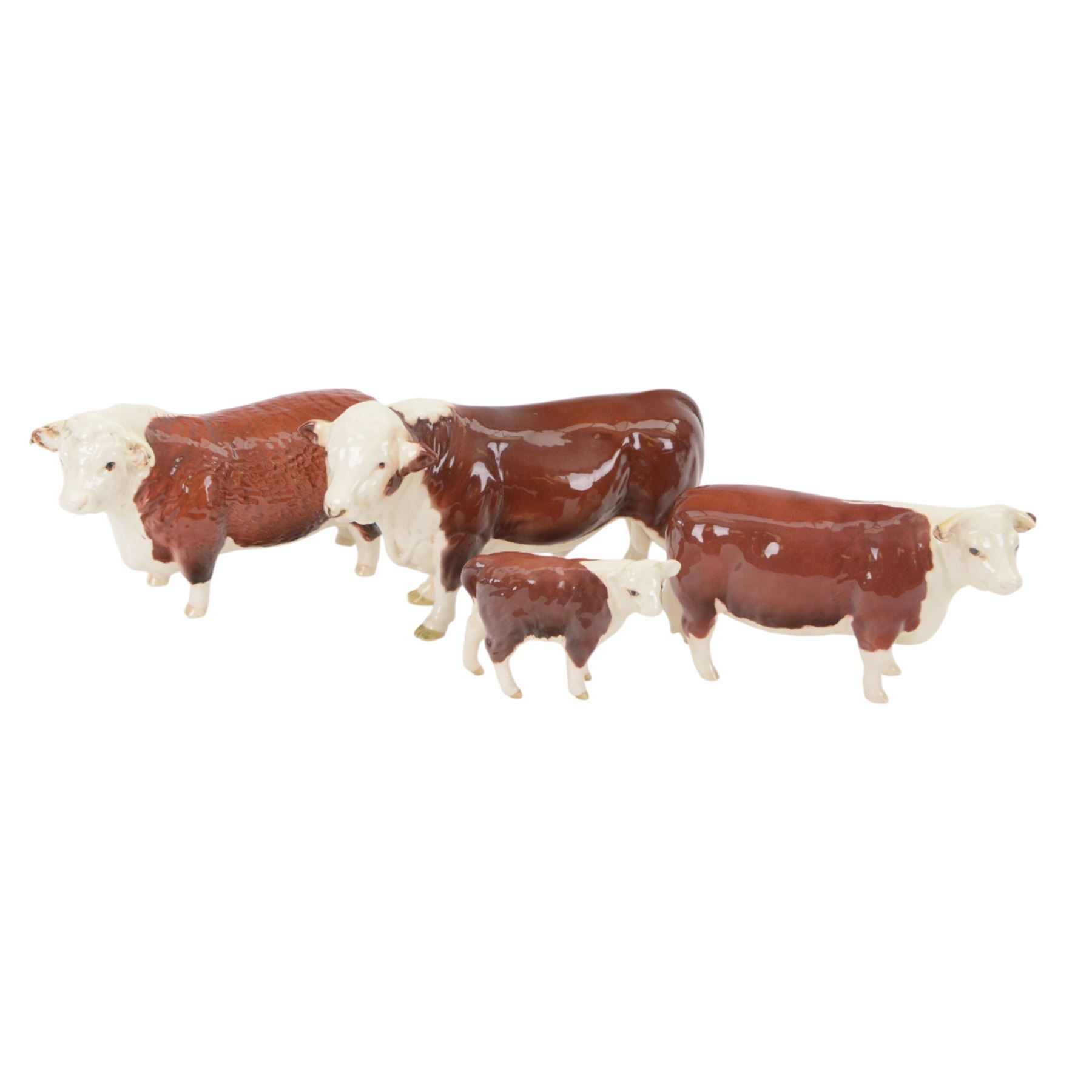 Beswick Hereford cows family group, comprising Bull, Ch. of Champions 1363, Hereford cow Ch of Champion 1360, and calf 1827, together with another Hereford Bull