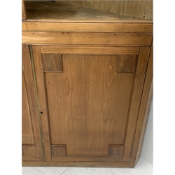 Large late 19th century sycamore corner cabinet, the top section with two astragal glazed doors enclosing two shaped shelves, the lower section enclosed by two panelled doors with square spandrels, W128cm, H215cm