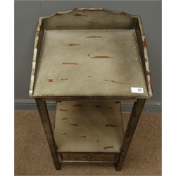  Painted side table with single drawer, square tapering supports, (W66cm, H71cm, D34cm) and a similar hall stand, shaped raised back, square supports joined by an undertier with single drawer (W41cm, H87cm, D36cm)  