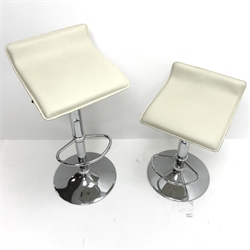  Pair adjustable bar stools, faux leather upholstered seats, chrome column and base, H87cm  
